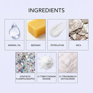 Detailed ingredients list for white glitter makeup stick featuring mica and beeswax texture