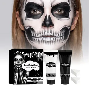 Detalle de pintura facial y corporal en blanco y negro con esponjas y efecto final.