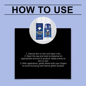 Istruzioni dettagliate per l'applicazione dello stick glitter blu su viso, capelli e corpo.