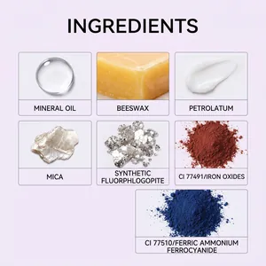 Detailed ingredient list including mineral oil and beeswax for purple glitter makeup stick