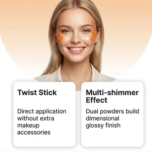 Close-up van oranje glitter make-up stick effect op een lachend model met multi-shimmer finish