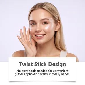Close-up of white glitter makeup effect on model with convenient twist stick design