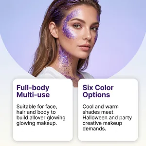 Detail of purple glitter balm applied on model for various Halloween party makeup looks.