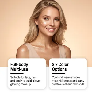 Modello professionale che mostra l'effetto trucco glitter dorato per viso e corpo