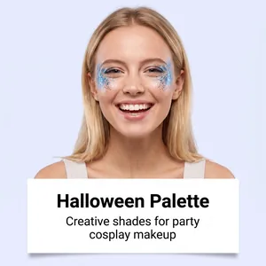 Gedetailleerd overzicht van blauwe glitters op model voor Halloween en cosplay-looks.