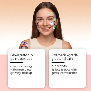 Modell zeigt leuchtende Halloween-Tattoo-Aufkleber und die Gesichts-Körperbemalung