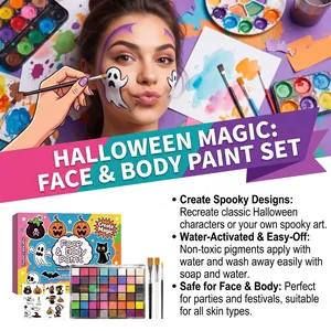 Dettaglio del kit trucco Halloween per viso e corpo con tavolozze colorate e pennelli.