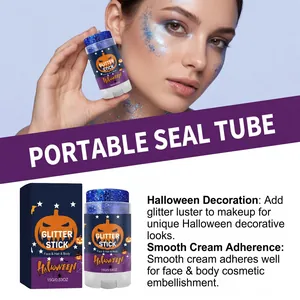 Gedetailleerde weergave van de blauwe Halloween glitterstick met pompoenverpakking.