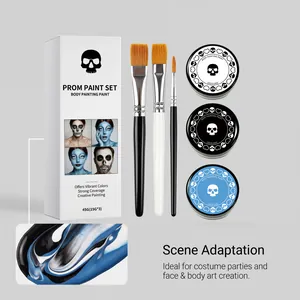 Kit profesional de pintura corporal para Halloween con pinceles y detalle de textura crema.
