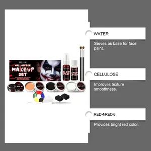 Vista detallada del set de maquillaje para Halloween con ingredientes y componentes.