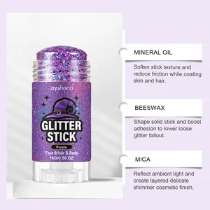 Purple Halloween glitter stick for face and hair featuring mineral oil and beeswax ingredients.