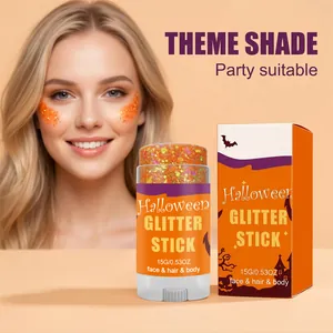 Oranje Halloween glitterstick getoond met make-upeffect en de verpakkingsdoos.