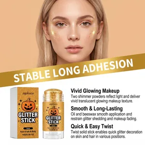 Dettaglio dello stick glitterato oro zephoco Halloween con confezione ed effetto trucco