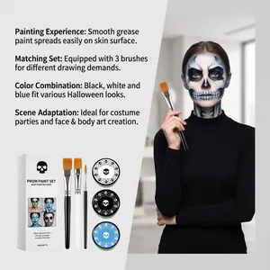 Una vista detallada del set de maquillaje para Halloween con pinceles y calavera