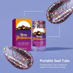 Dettaglio dello stick di brillantini viola con design a tubo sigillato per Halloween