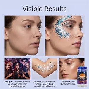 Detail van blauwe Halloween glitterstick aangebracht op gezicht en lichaam voor make-up