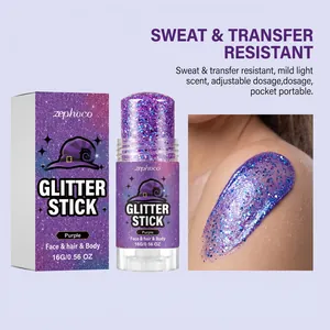Professional purple glitter stick for face hair and body shown with packaging box
