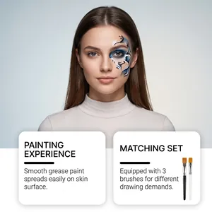 Vista detallada del efecto de pintura facial y juego de pinceles para Halloween.
