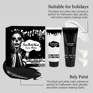 Detalle de los tubos profesionales de pintura facial blanca y negra, crema suave.
