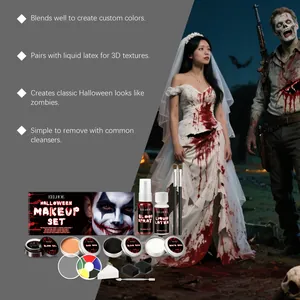 Vista detallada del kit de maquillaje SFX de Halloween con spray de sangre y látex