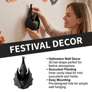 Pot suspendu chauve-souris gothique pour succulentes et décoration murale d'Halloween.