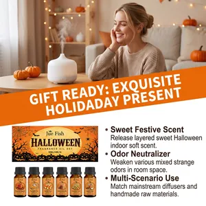 Primer plano de colección de aceites Halloween y mujer relajándose con un difusor