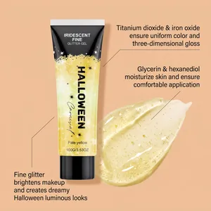 Close-up detail showing the pale yellow Halloween glitter gel texture and ingredient specifications.