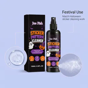 Halloween sticker pattern cleaner spray showing product packaging, gel texture, and fine mist.