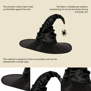 Sombrero de bruja plisado negro con araña colgante y detalles de tela suave para fiesta