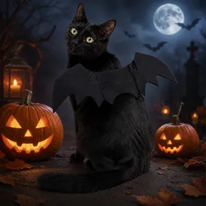 Schwarze Katze mit Fledermausflügeln auf einem gruseligen Halloween-Friedhof.