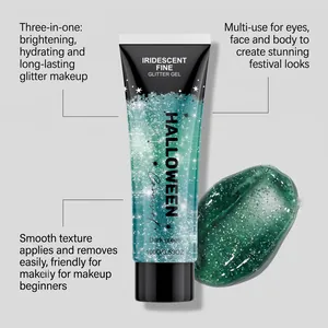 Detailed view of iridescent dark green glitter gel for professional festival makeup looks