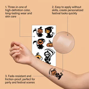 Close-up view of Halloween pumpkin cartoon tattoo stickers being applied to an arm skin