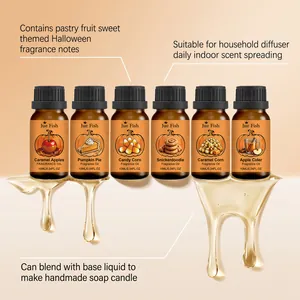 Detalle de 6 frascos de aceites de Halloween con aromas dulces y opciones de aplicación.