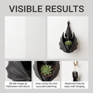 Vue détaillée du pot mural chauve-souris noire gothique avec cavité pour plantes