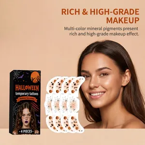 Halloween pumpkin temporary tattoo set with high-grade makeup effect on model's face.