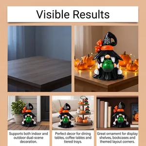 Detailed view of Halloween witch gnome resin statue in various indoor and outdoor display settings