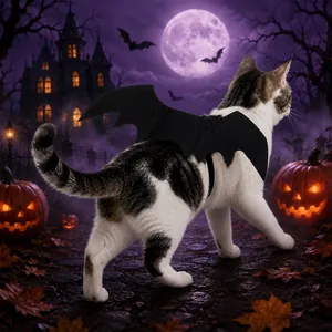 Katze im Halloween-Fledermausflügel-Kostüm vor gruseligem Hintergrund mit Kürbissen