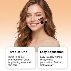 Close-up of a smiling girl with a pumpkin Halloween temporary tattoo on her cheek