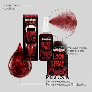 Detailed view of DOWMOO blood spray for Halloween vampire and zombie makeup effects.