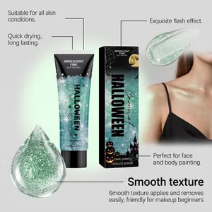Dark green iridescent fine glitter gel for Halloween face and body makeup, 100g tube.