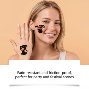 Detailed view of Halloween pumpkin and cat temporary tattoo stickers on a female model