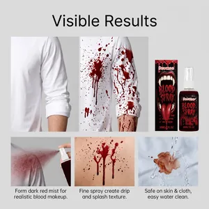 Detailed views showing realistic Dowmoo fake blood spray effects on white shirt and skin.