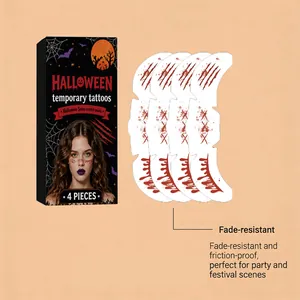 Set de tatouages temporaires Halloween avec 4 feuilles de griffures rouges réalistes.