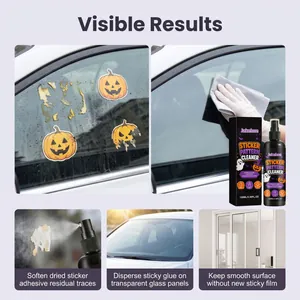 Multi-panel demonstration of sticker remover spray showing effective cleaning on glass