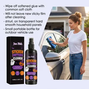 Detail of Halloween sticker cleaner spray being used on a car window with a soft cloth