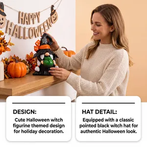 Detailed view of Halloween witch gnome figurine with classic pointed hat and cauldron.