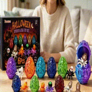 Detailed view of 6pcs colorful Halloween spider egg toy set with spiders and decor