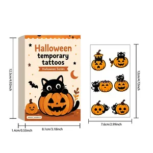 Dimensiones de tatuajes temporales de Halloween con diseño de gato y calabaza.