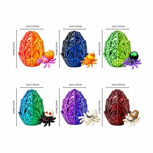 Six colorful Halloween 3D printed spider egg toys with size annotations of 6cm by 5cm