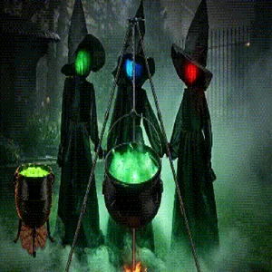 Detail view of glowing witch trio with green cauldrons creating Halloween spooky vibe